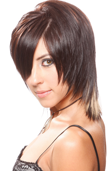 Side part fringe haircut with rich hair color.