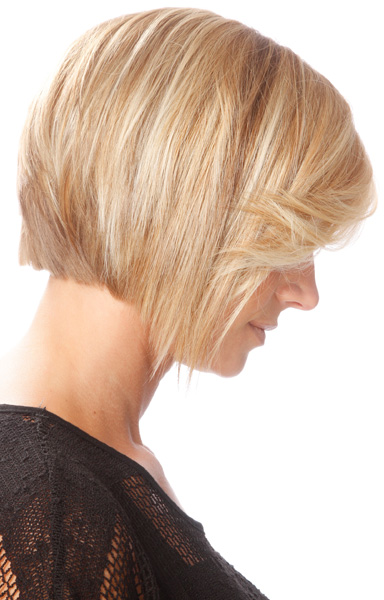Blonde bob with side part and wispy bangs haircut.